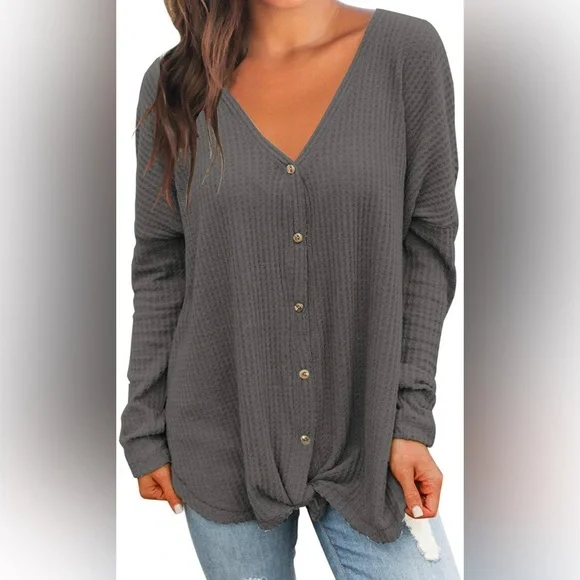 NWT Front Knot Tie Drop shoulder Sweater Blouse top Large - Picture 1 of 7